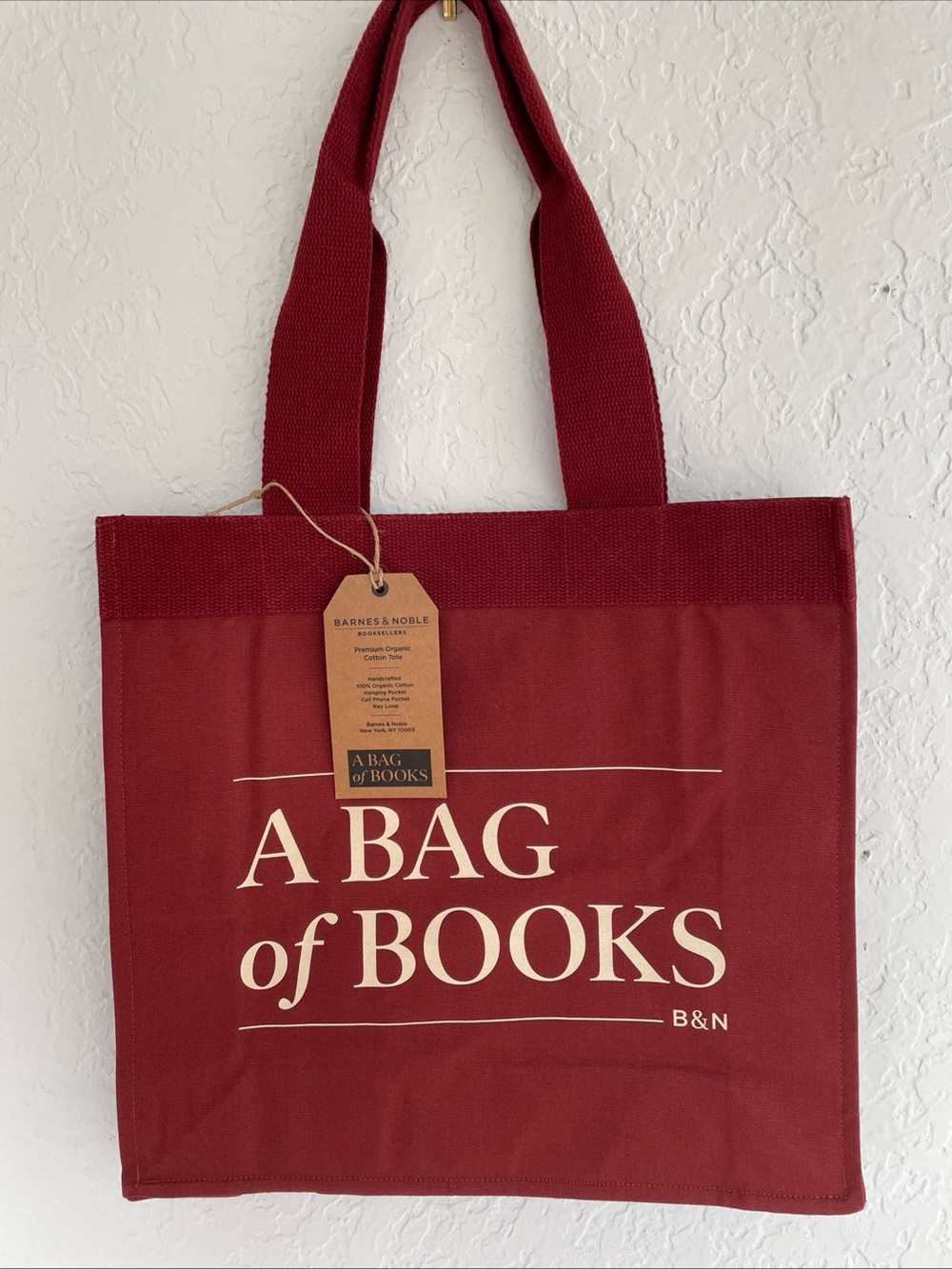 Barnes Noble tote bag of books canvas organic cotton burgundy B&N reader gift